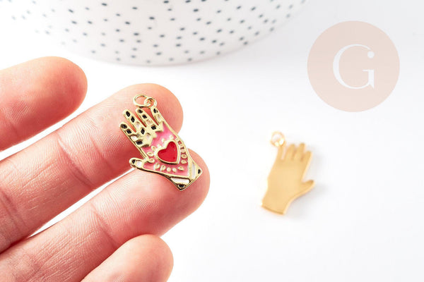 Charm main fatma coeur laiton doré 18k 24mm, création de bijoux, pendentif religion, x1 (G5962)