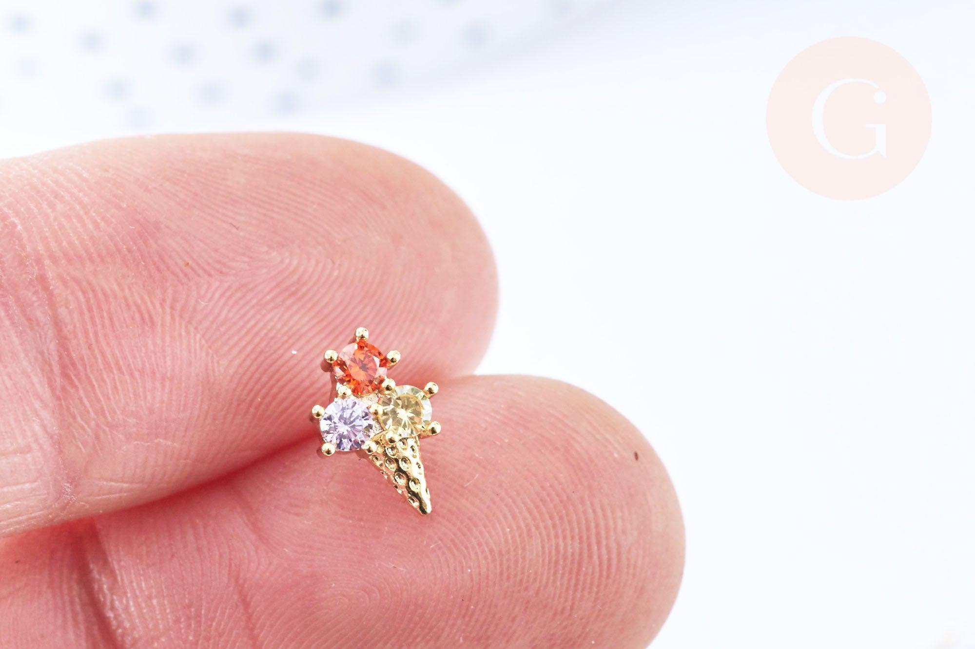 Clous d'oreille cornet de glace laiton zircon tricolore avec poussoirs d'oreilles, idées cadeaux femmes fille, la paire (G7934)