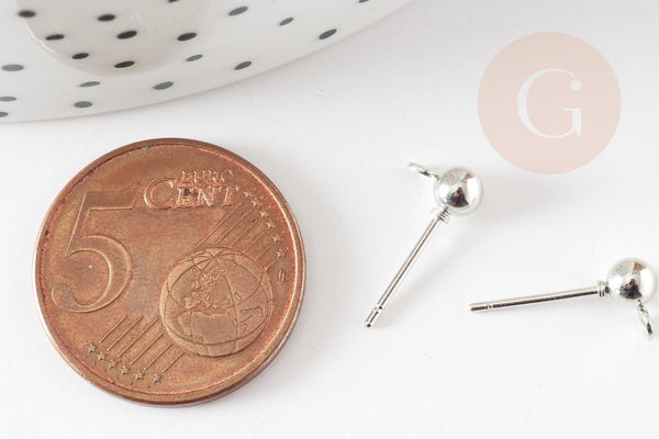 Clous-puces oreille boule acier 304 platine et anneau 5mm, x10 (G9269)