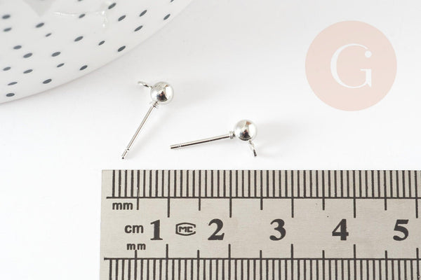Clous-puces oreille boule acier 304 platine et anneau 5mm, x10 (G9269)