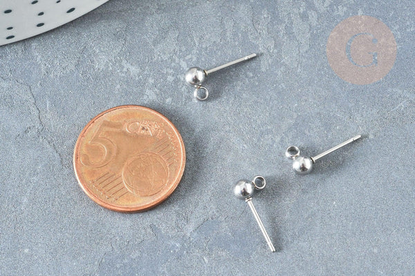 Clous puces oreille boule acier 304 platine inoxydable anneau, x10 (G8150)