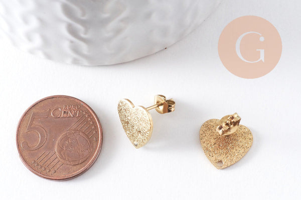 Clous-puces oreille coeur acier 304 inoxydable dore IP sablé 1 trou 13mm, la paire (G10371)