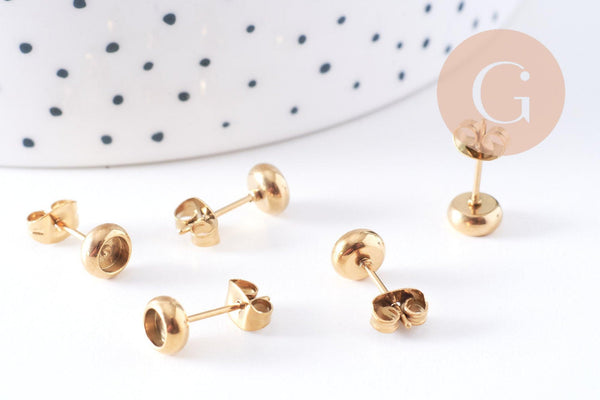 Clous-puces oreille support cabochon 4mm acier 304 inoxydable dore IP, x10 (G10607)
