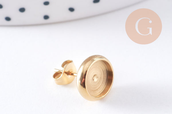 Clous-puces oreille support cabochon 8mm acier 304 inoxydable dore IP, x10 (G10608)