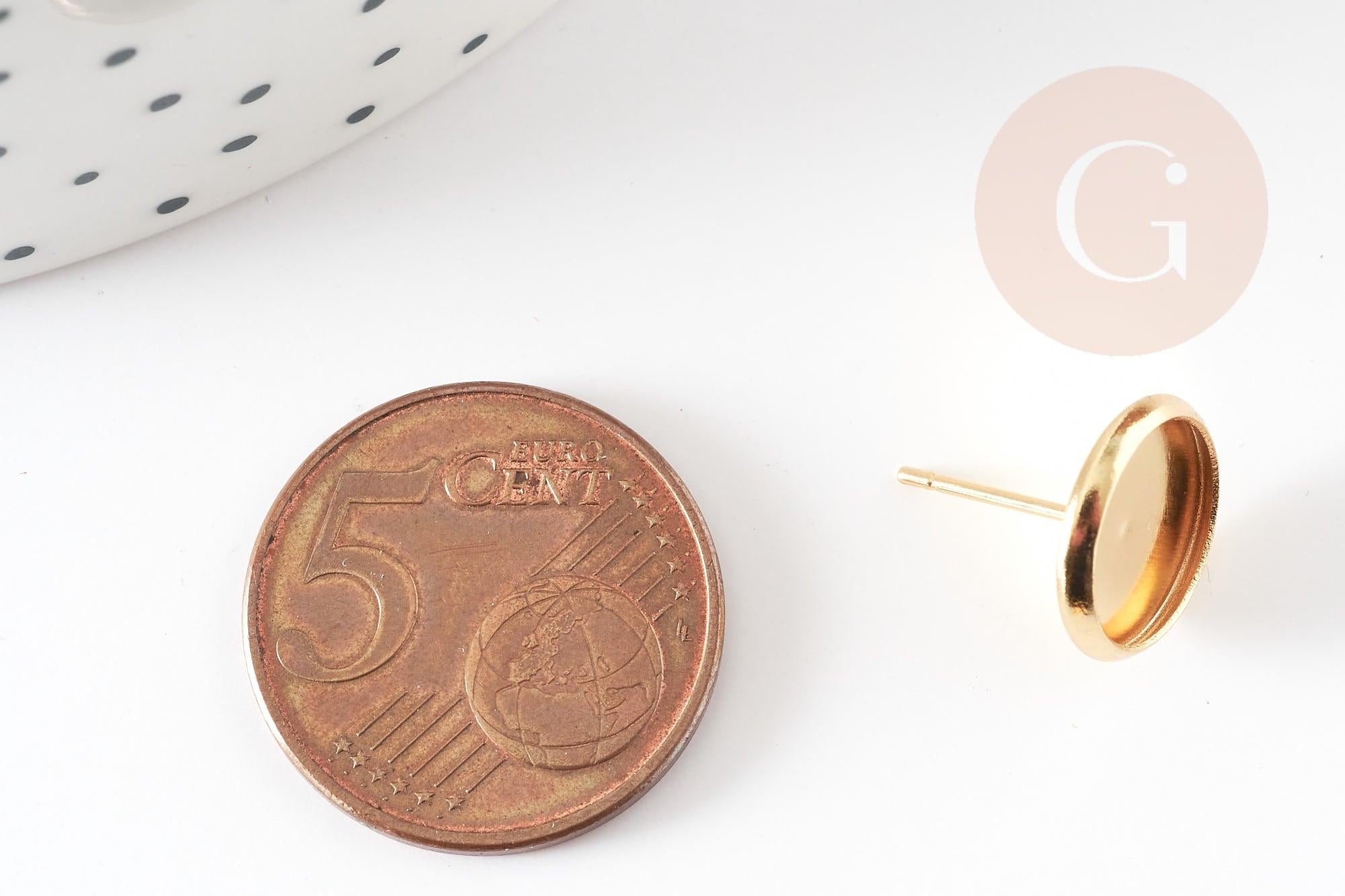Clous-puces oreille support cabochon rond 10mm acier 304 inoxydable dore 24K, x10 (G9219)