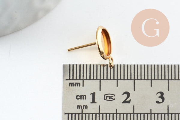 Clous-puces oreille support cabochon rond 8mm acier 304 inoxydable dore avec anneau, x2 (G9588)