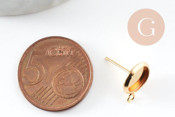 Clous-puces oreille support cabochon rond 8mm acier 304 inoxydable dore avec anneau, x2 (G9588)