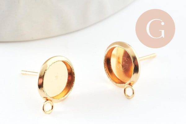 Clous-puces oreille support cabochon rond 8mm acier 304 inoxydable dore avec anneau, x2 (G9588)