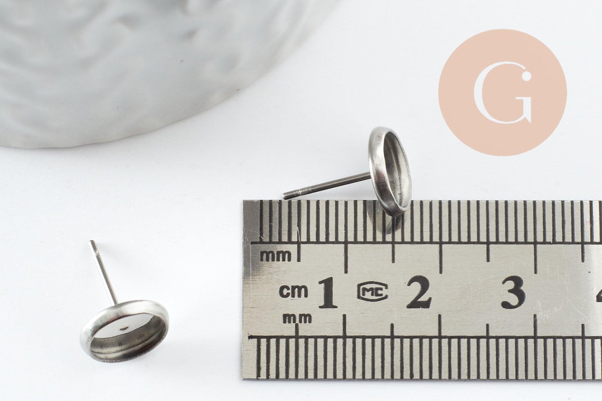 Clous-puces oreille support cabochon rond 8mm acier 304 inoxydable platine, x10 (G9597)