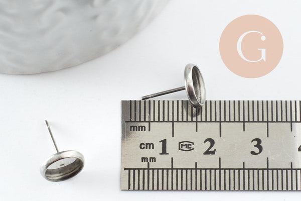 Clous-puces oreille support cabochon rond 8mm acier 304 inoxydable platine, x10 (G9597)