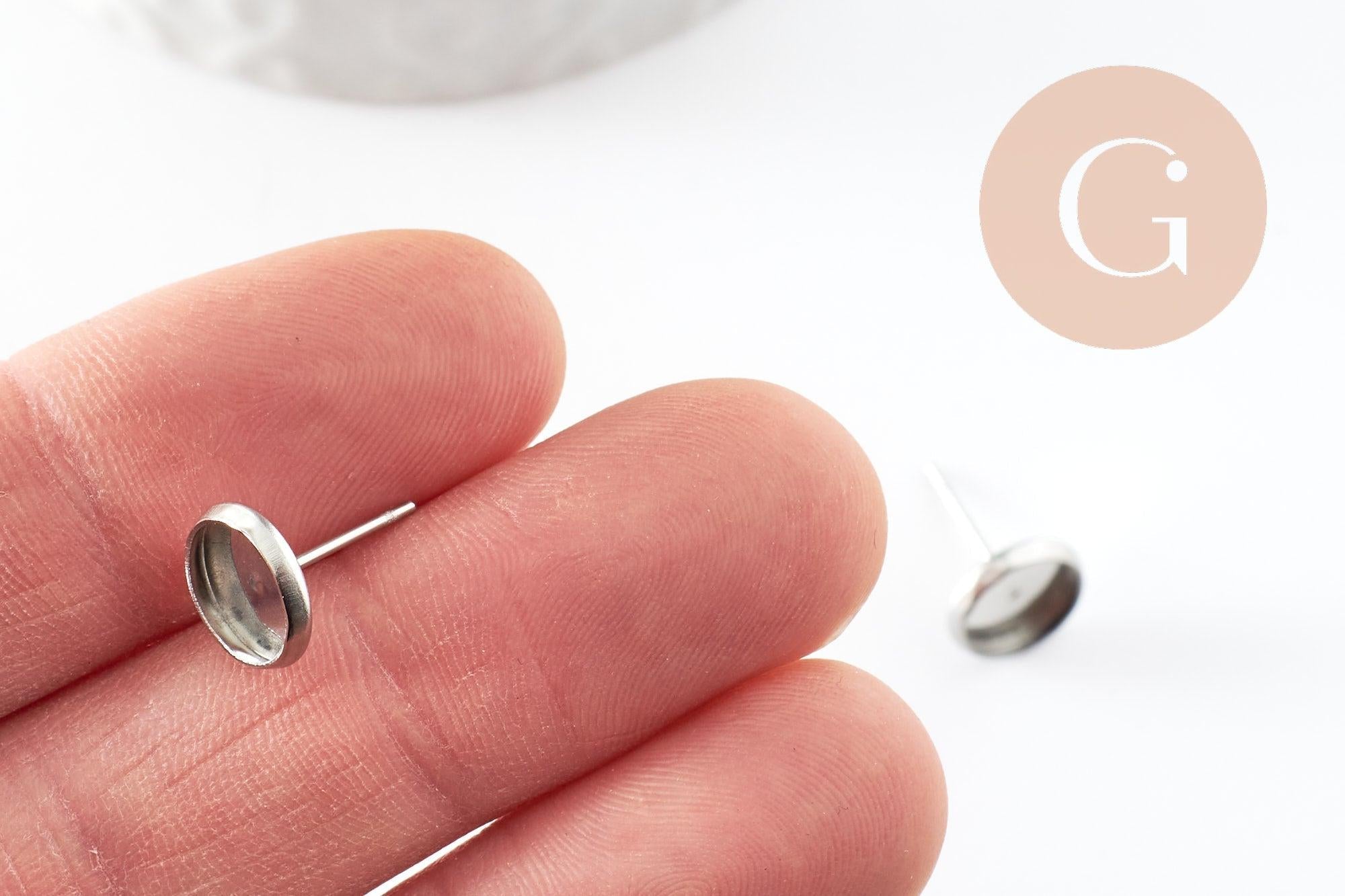 Clous-puces oreille support cabochon rond 8mm acier 304 inoxydable platine, x10 (G9597)