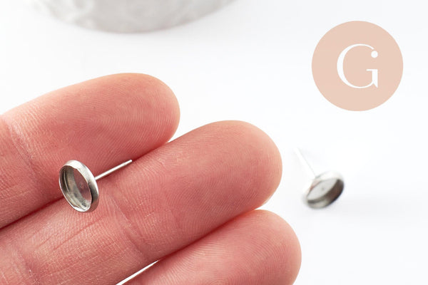 Clous-puces oreille support cabochon rond 8mm acier 304 inoxydable platine, x10 (G9597)
