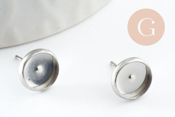 Clous-puces oreille support cabochon rond 8mm acier 304 inoxydable platine, x10 (G9597)