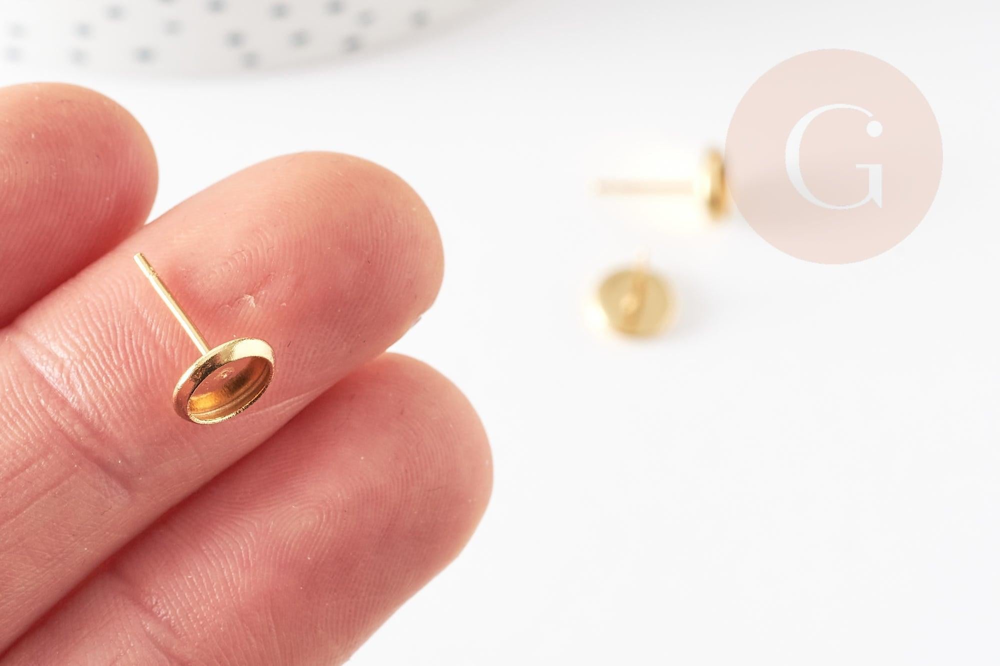 Clous-puces oreille support cabochon rond acier 304 inoxydable dore 18K, x10 (G9224)