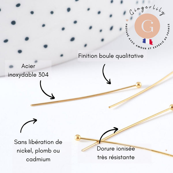 Clous tige tête boule acier doré 304 inoxydable IP 30mm , x20 (G8756)