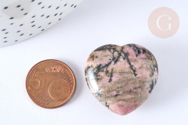 Cœur décoratif en rhodonite ou lithothérapie 31 mm, x1 (G7168)