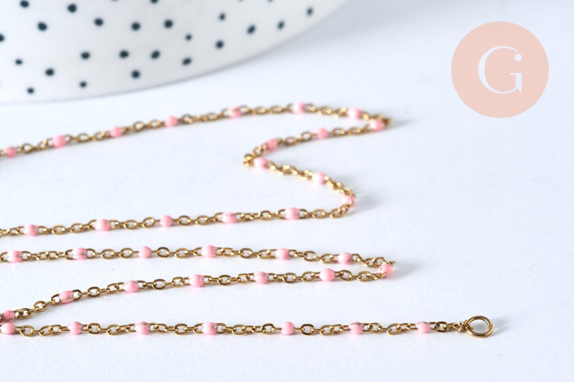 Collier Chaine acier 304 inoxydable doré 14k fantaisie résine rose 2mm-45cm, x1 (G1810)