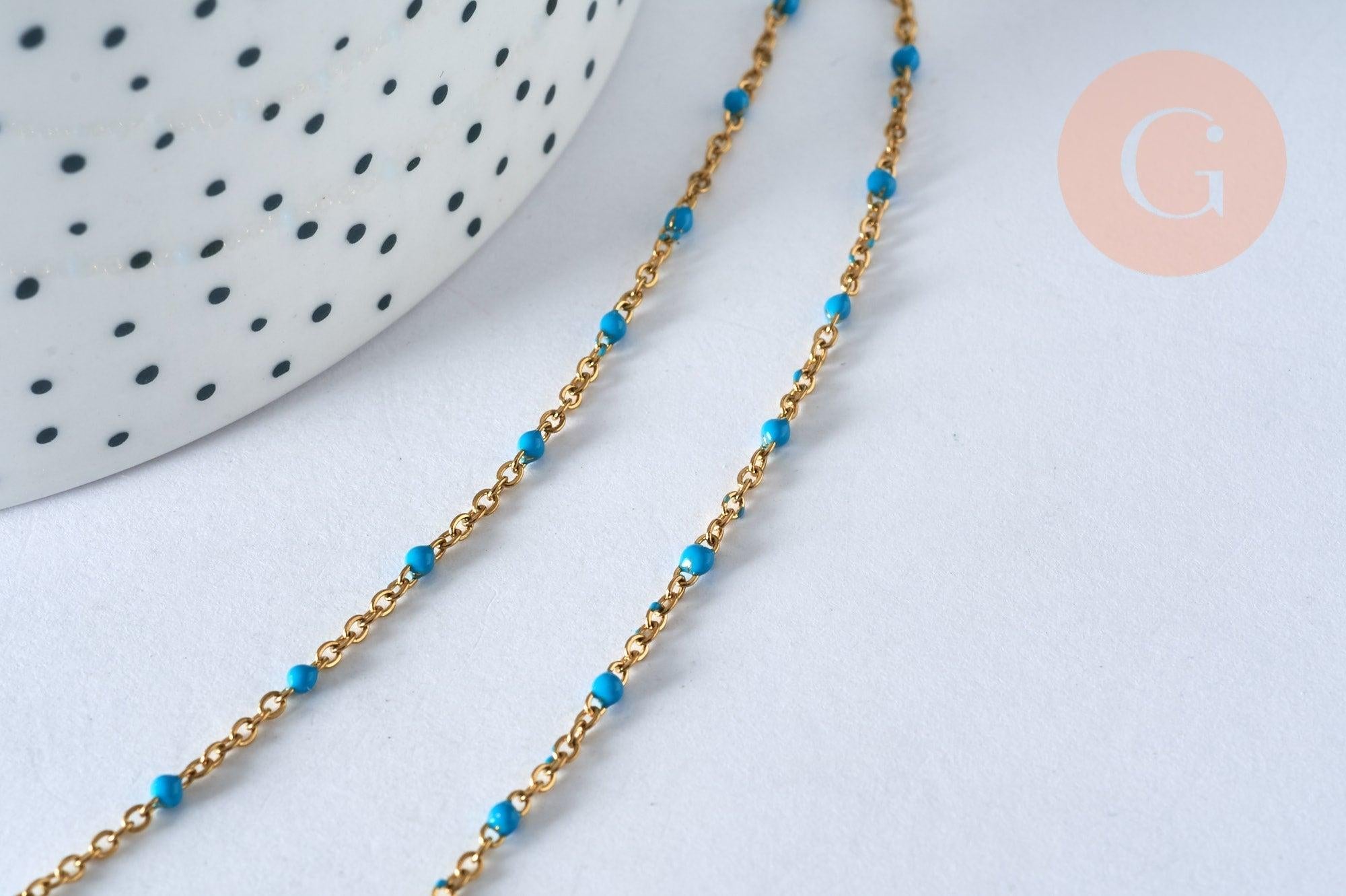 Collier Chaine avec fermoir acier inoxydable doré IP 14k complète résine turquoise 1.5mm-45cm, x1 (G5409)