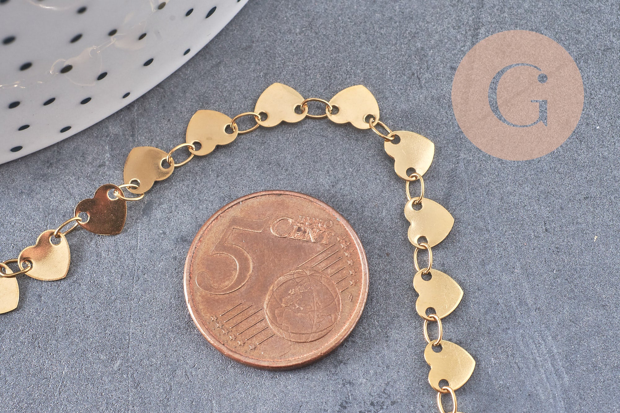 Collier Chaine coeur acier inoxydable doré 14k cœur 6.5mm, x1 mètre (G6804)