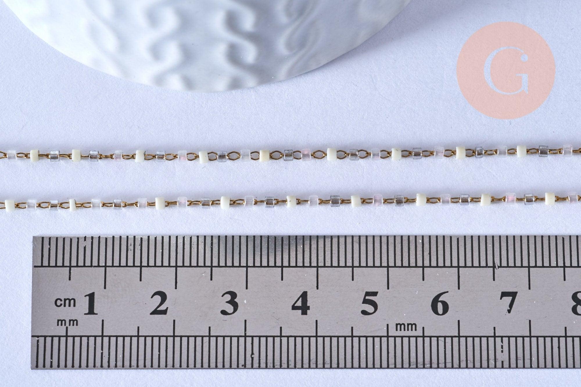 Collier Chaine complète acier doré perles rocaille blanches artisanales, acier inoxydable doré,40.7cm, x1 G3778