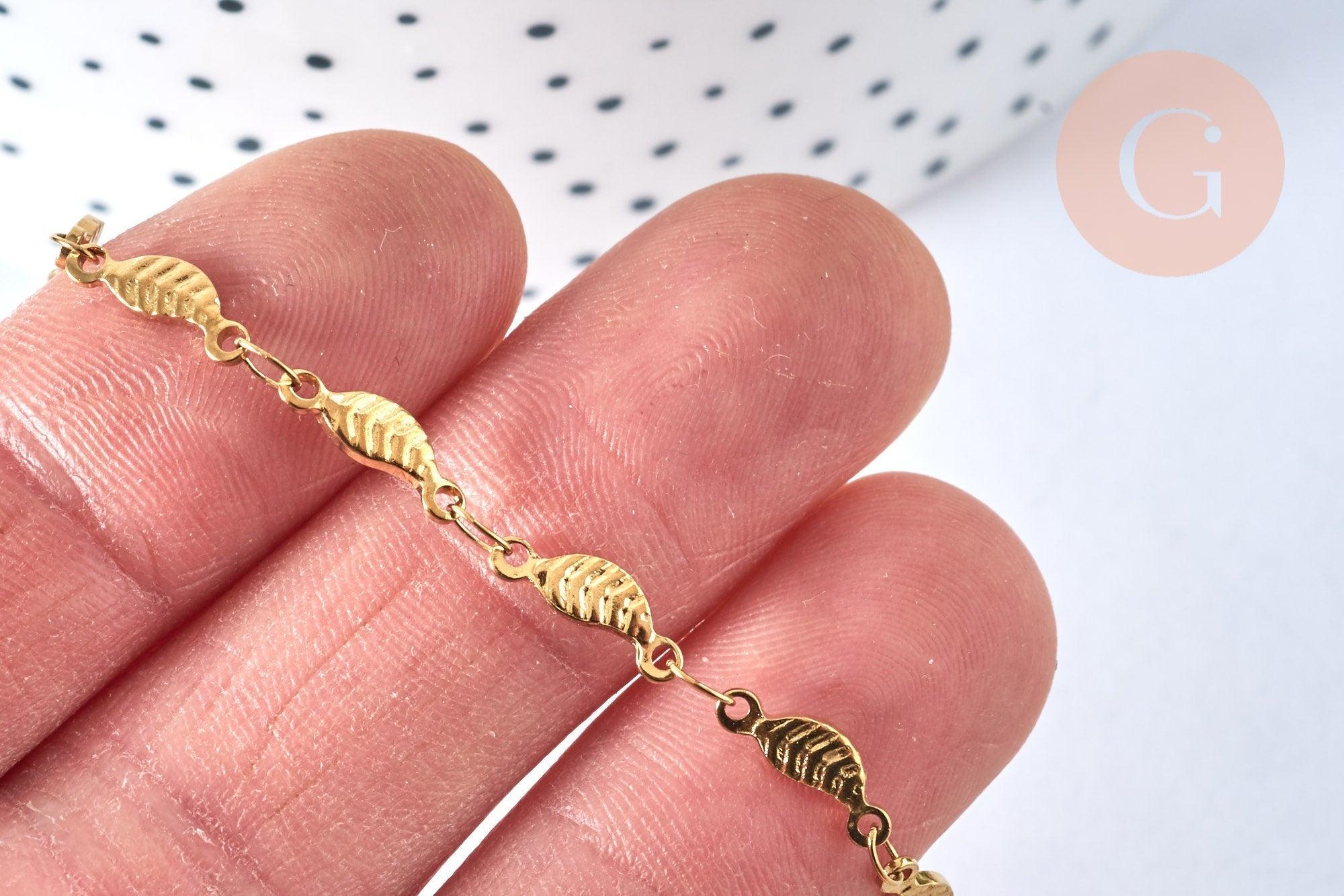 Collier Chaine complète acier dorée 14k feuille,chaine collier,sans nickel,acier doré, chaine complète,44.5m, x1 G0631