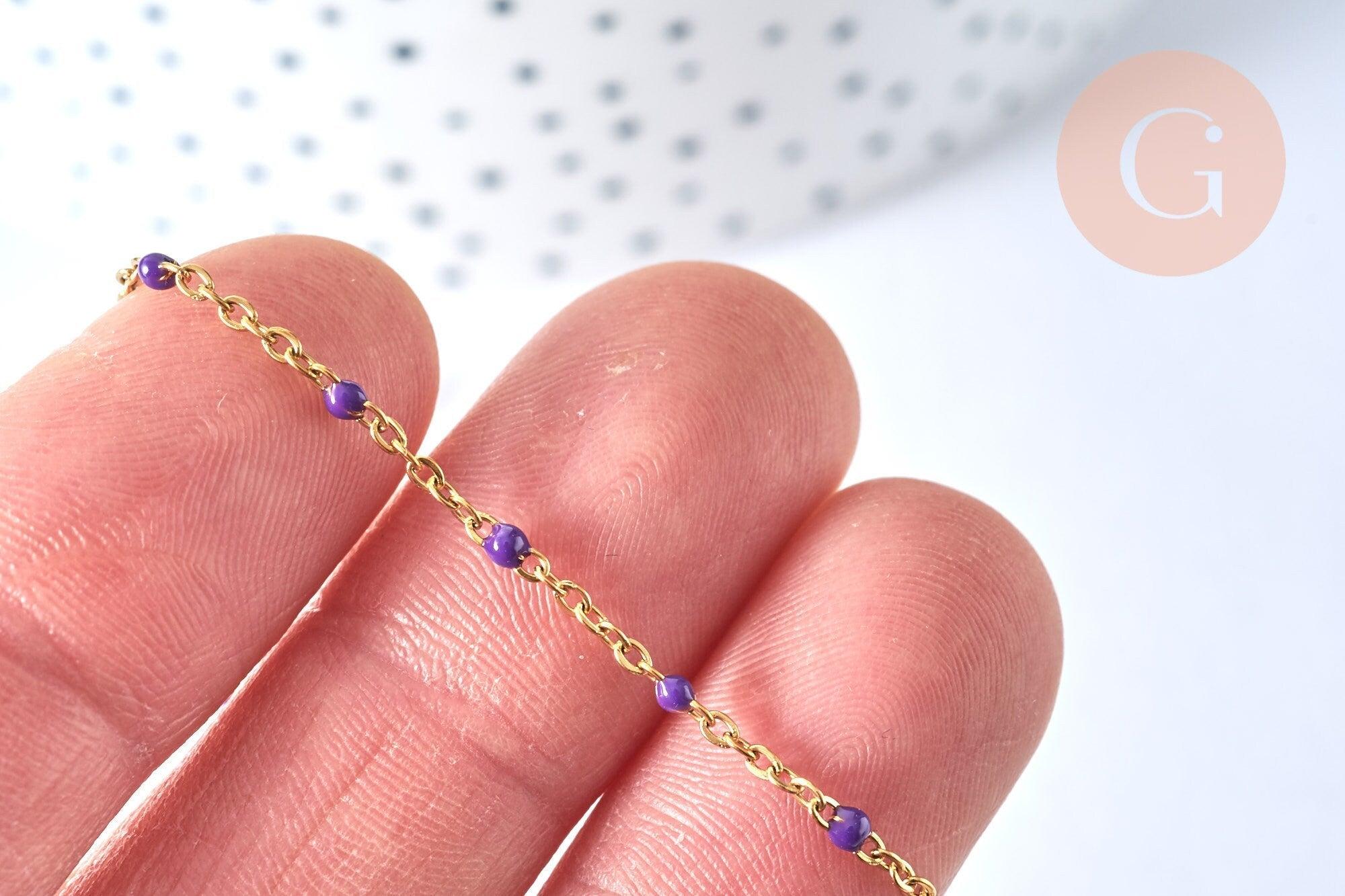 Collier Chaine complète avec fermoir acier dorée 14k fantaisie résine violette 2mm/45cm, x1 (G1385)
