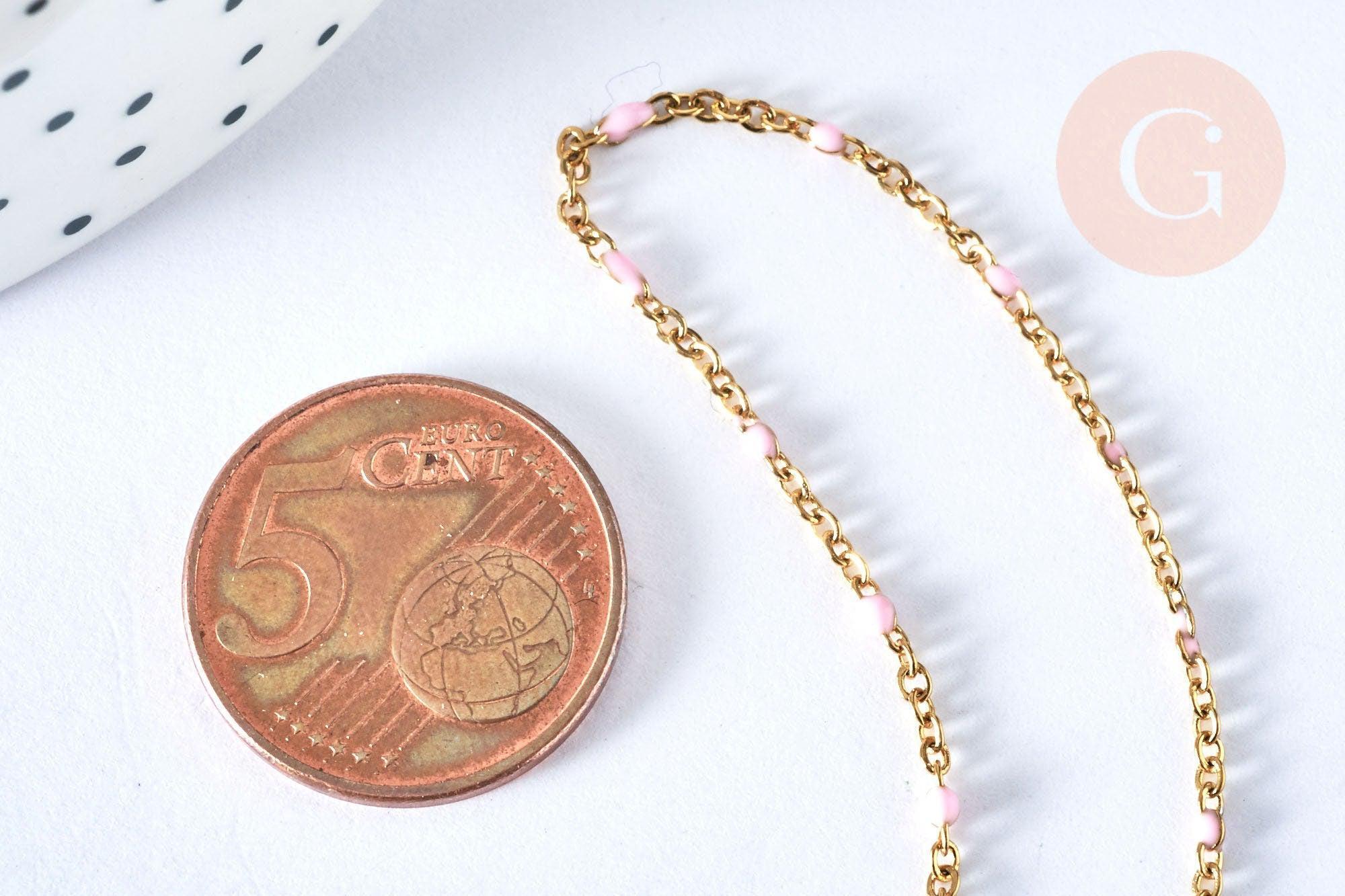 Collier Chaine laiton doré 18k fantaisie résine rose,chaine fantaisie dore,chaine complète,2mm,40cm, x1 G3488