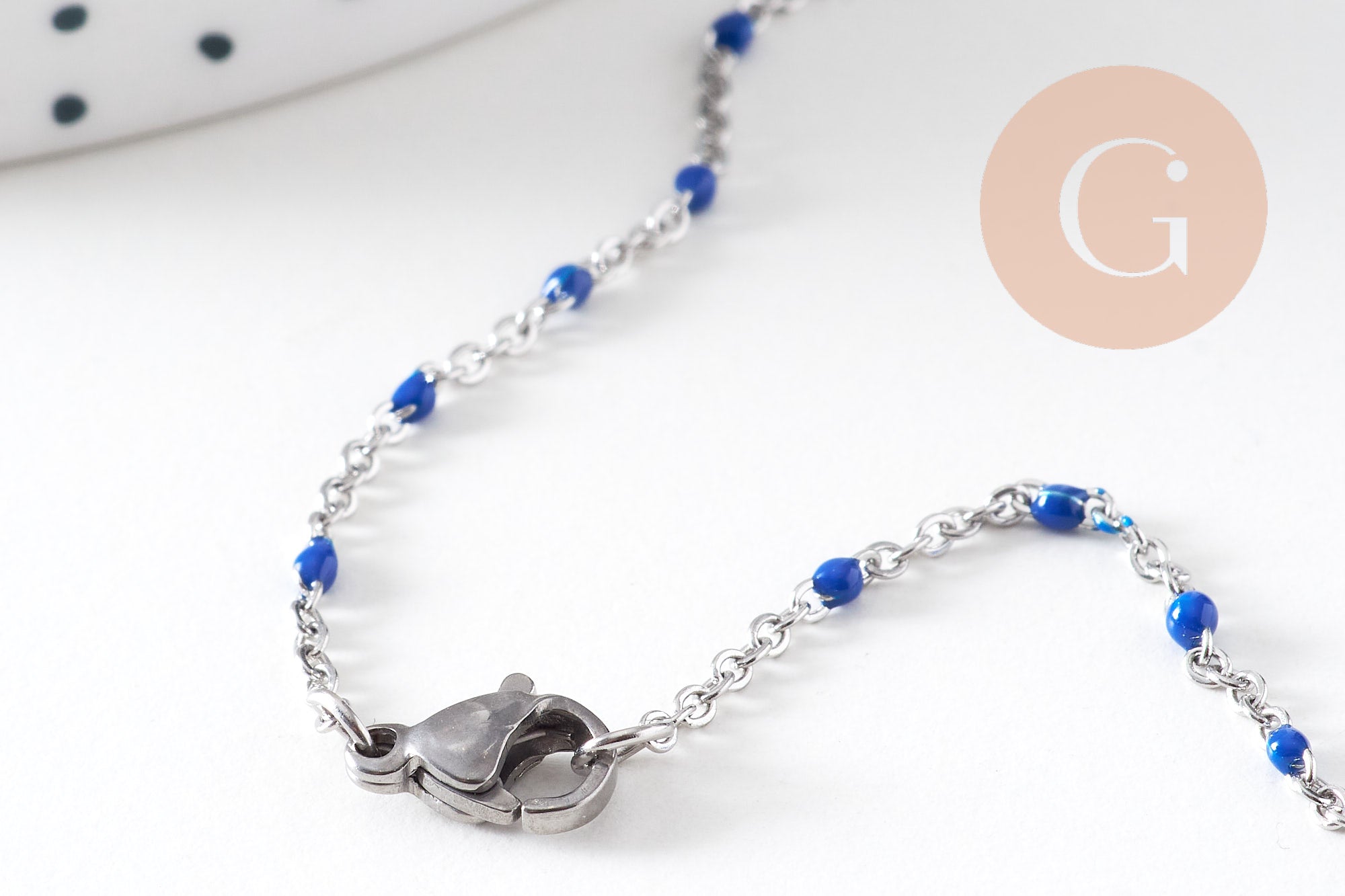Collier Chaine satellite acier 304 inoxydable platine résine bleu complète 2mm/45cm, x1 (G1216)
