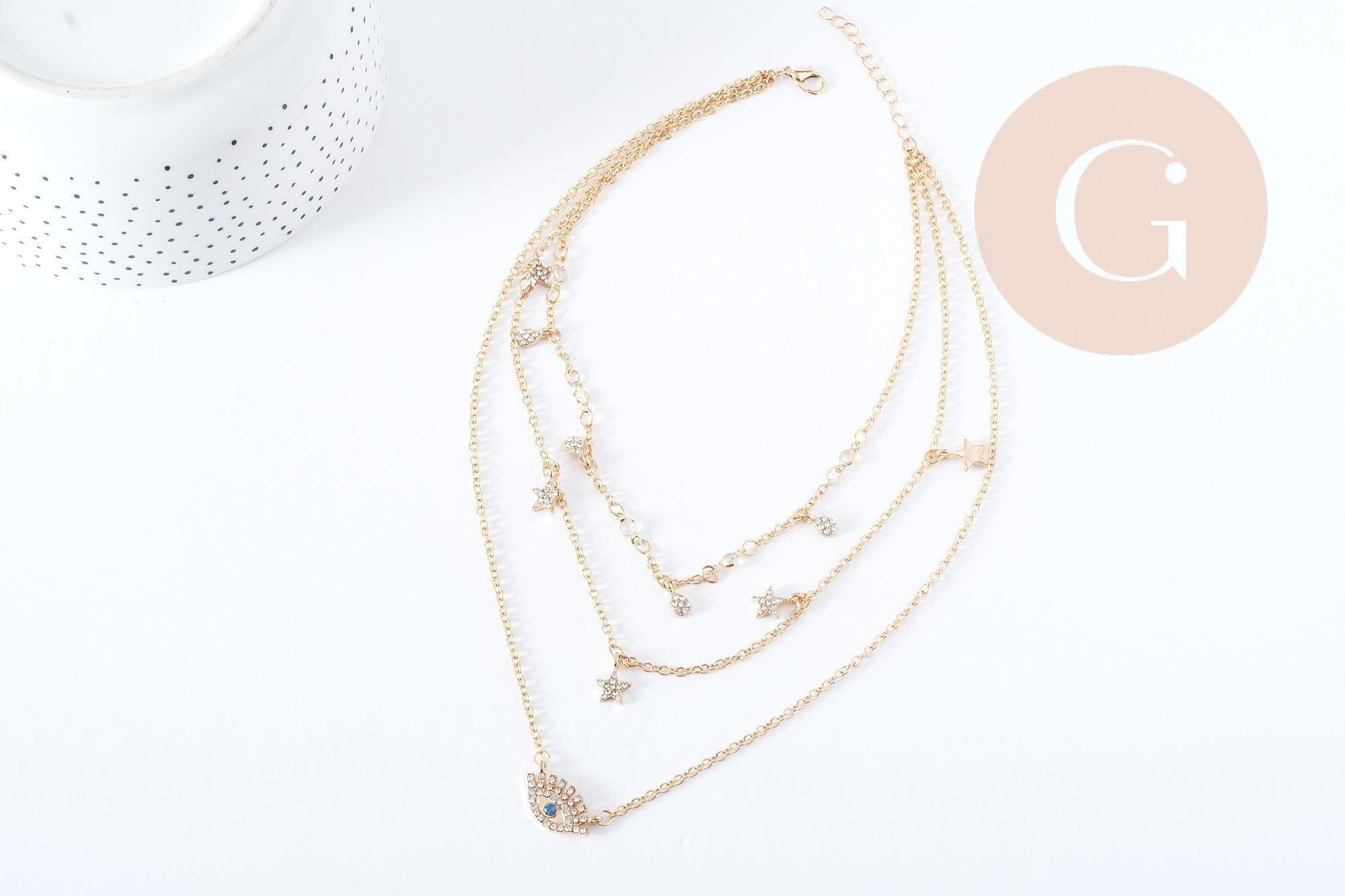 Collier Triple rangs breloques chance zamac doré, X1 (G8808)