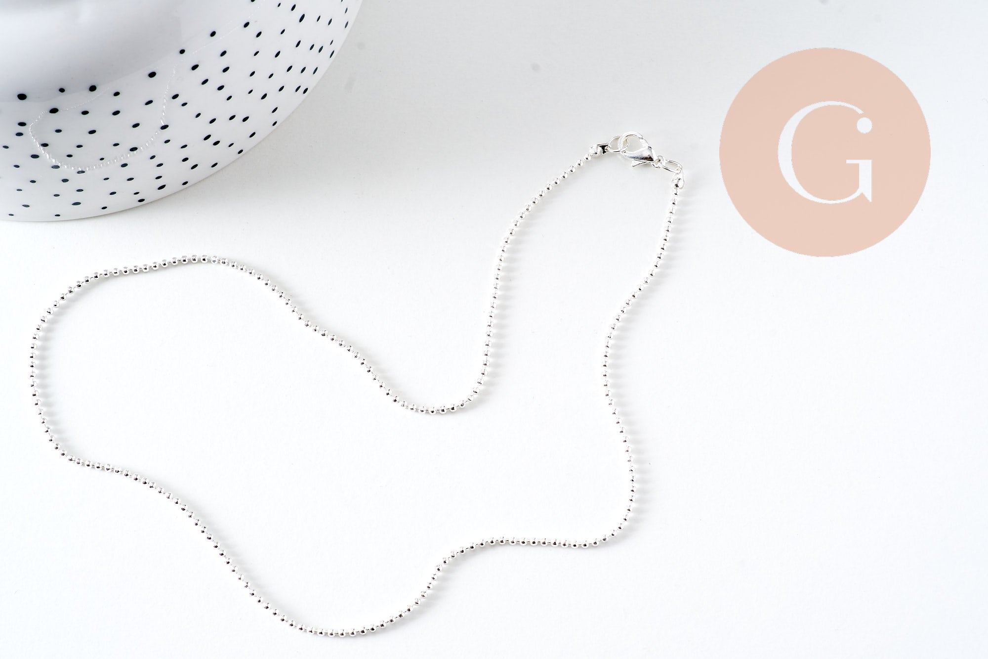 Collier chaine Boule complete fer argenté 1.5mm/40cm, x1 (G1680)