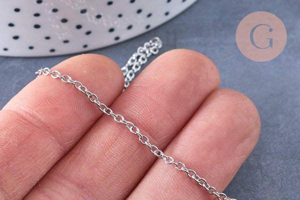 Collier chaine complète avec fermoir forçat acier 304 inoxydable platine 45cm, x1 (G1864)
