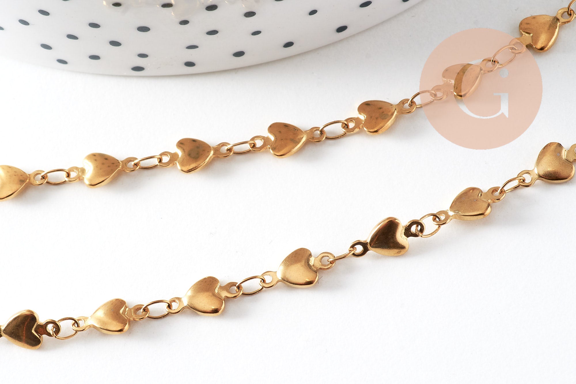 Collier chaine complète coeurs acier 304 inoxydable dorée 14k IP 2mm/45.5cm, x1 (G6775)