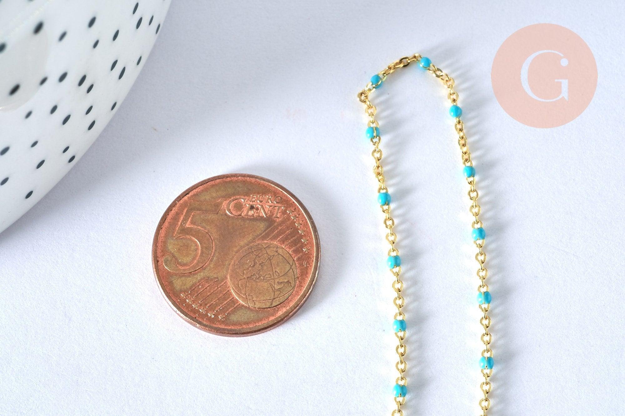 Collier chaine laiton doré 18k fantaisie résine turquoise 2mm/40cm, x1 (G3152)