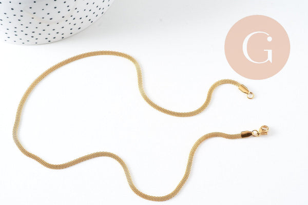 Collier chaine maille complète acier 304 inoxydable dorée 14k 3mm/45cm, x1 (G0580)