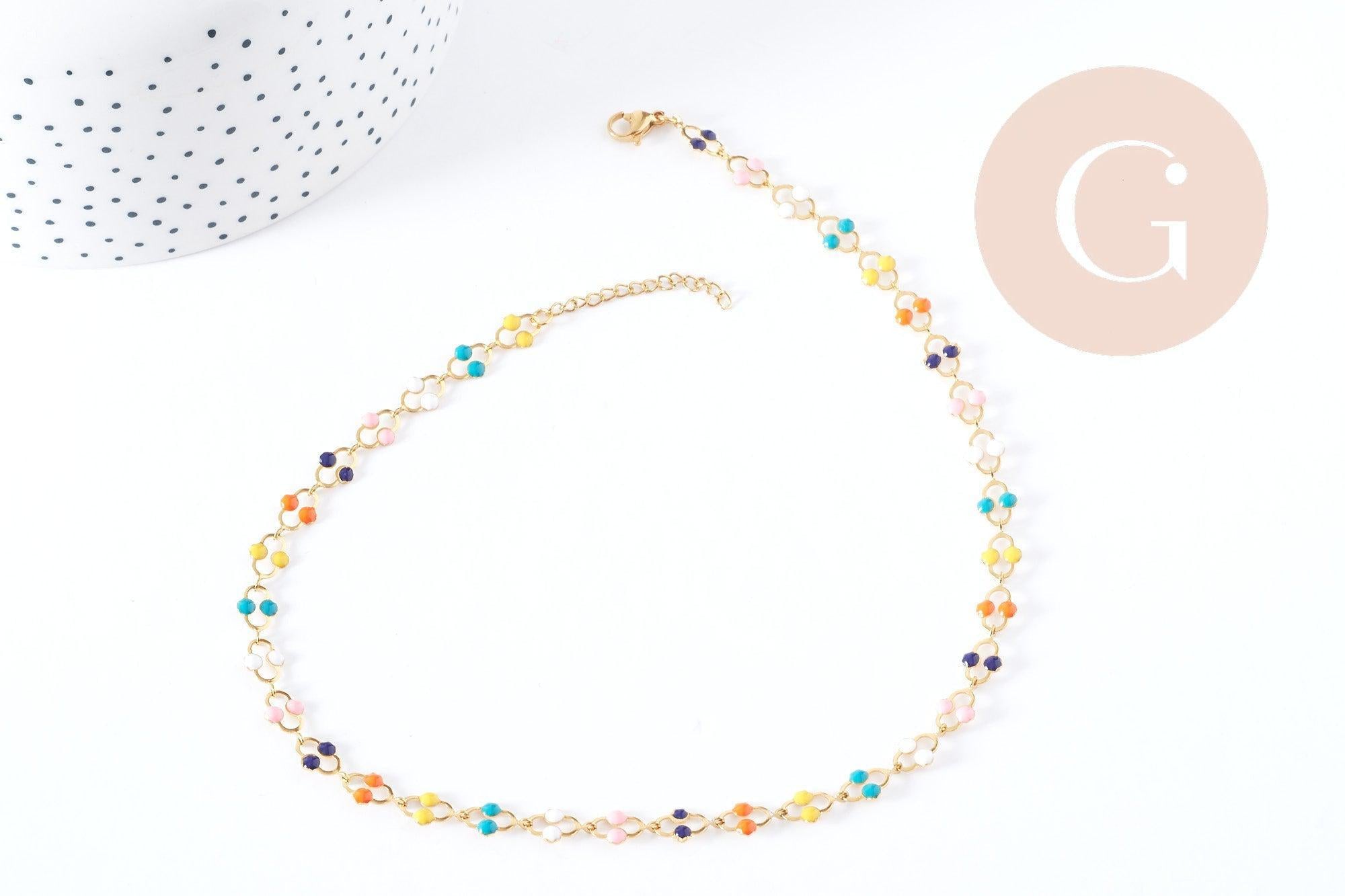 Collier fantaisie émail multicolore acier 304 inoxydable doré 45cm, idée cadeau femme x1 G8807