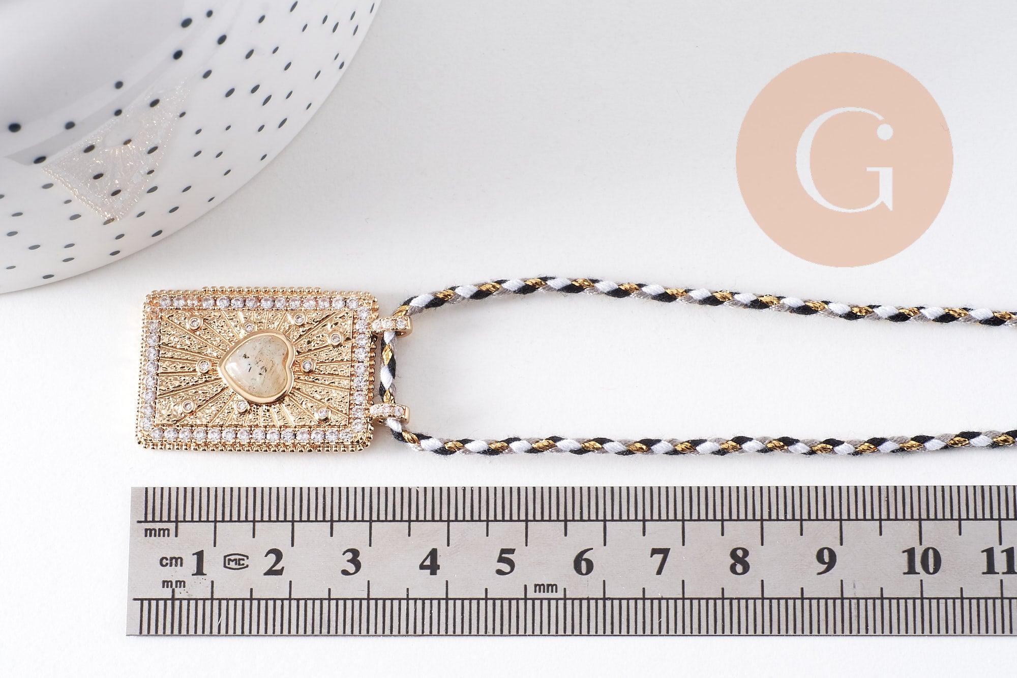 Collier médaille coeur Pyrite zircons blanc cordon tressé zamac doré 45cm x1 (G10364-9)