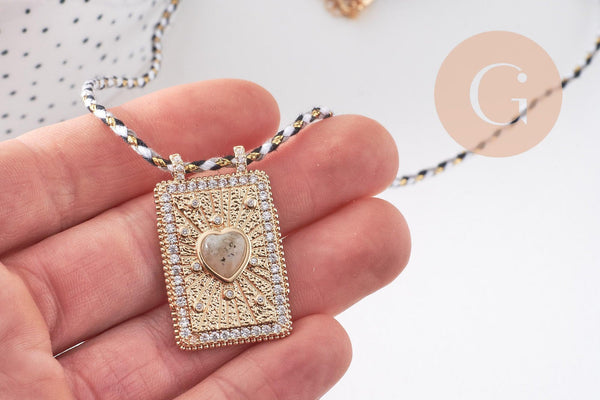 Collier médaille coeur Pyrite zircons blanc cordon tressé zamac doré 45cm x1 (G10364-9)