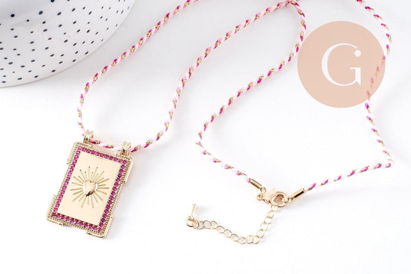 Collier médaille coeurs zircons fuchsia cordon tressé zamac doré 45cm x1 (G10364-8)