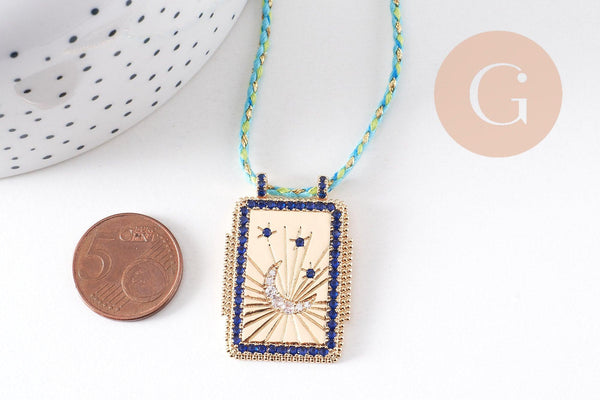 Collier médaille émaillée Lune zircons bleus cordon tressé zamac doré 45cm x1 (G10364-7)