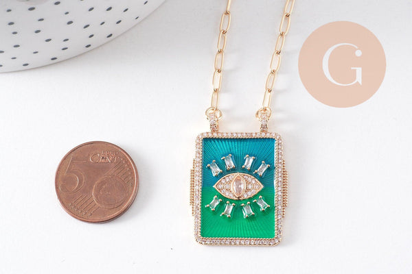 Collier médaille émaillée Oeil bleu-vert zircons chaine zamac doré 45cm x1 (G10364-3)