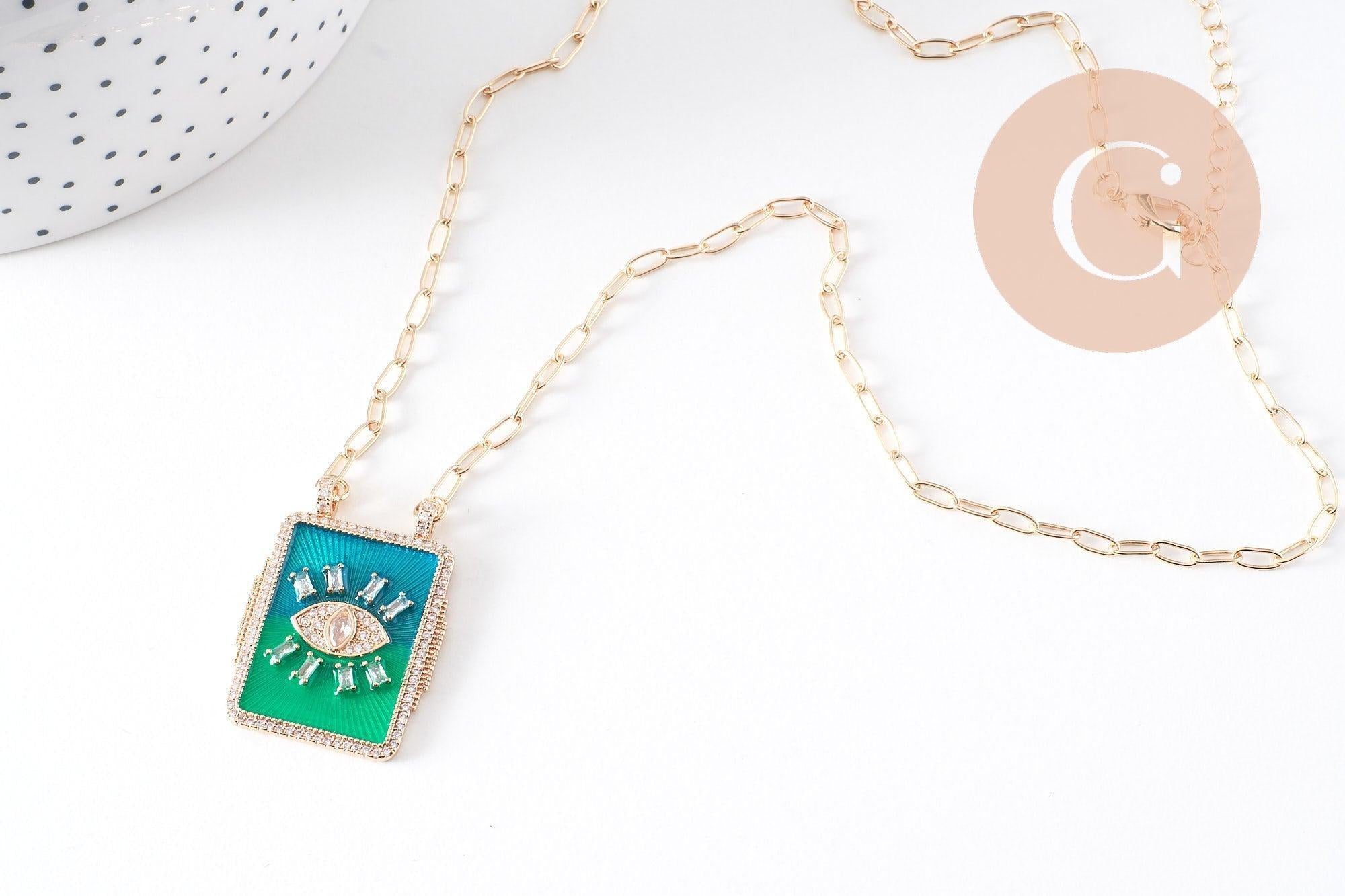 Collier médaille émaillée Oeil bleu-vert zircons chaine zamac doré 45cm x1 (G10364-3)