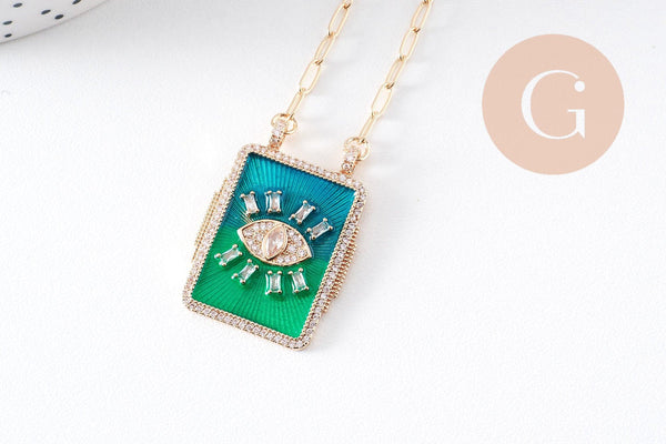 Collier médaille émaillée Oeil bleu-vert zircons chaine zamac doré 45cm x1 (G10364-3)