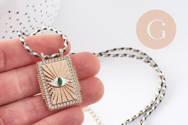 Collier médaille émaillée Oeil zamac doré, collier cordon tressé 45cm x1 (G10364-1)