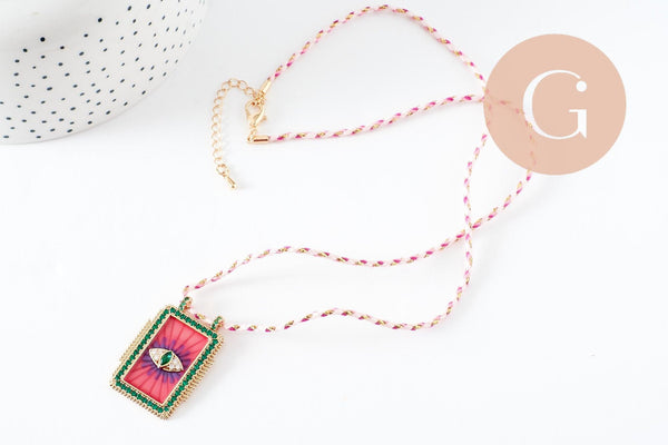 Collier médaille émaillée Oeil zircon rose vert zamac doré, collier cordon tressé 45cm x1 (G9569)