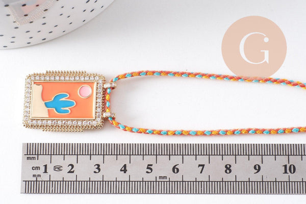 Collier médaille émaillée cactus orange turquoise zircons cordon tressé zamac doré 45cm x1 (G10364-4)