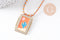 Collier médaille émaillée cactus orange turquoise zircons cordon tressé zamac doré 45cm x1 (G10364-4)