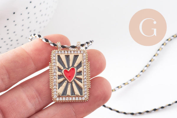 Collier médaille émaillée coeur rouge psychédélique cordon tressé zamac doré 45cm x1 (G10364-10)