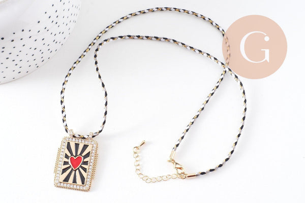 Collier médaille émaillée coeur rouge psychédélique cordon tressé zamac doré 45cm x1 (G10364-10)