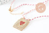 Collier médaille émaillée coeur rouge zamac doré, collier cordon tressé 45cm x1 (G9568)