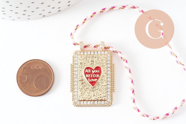 Collier médaille émaillée coeur rouge zamac doré, collier cordon tressé 45cm x1 (G9568)